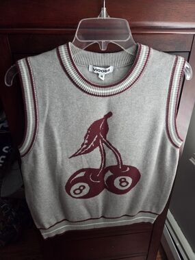 NWT Vigoss Gray Sweater Vest with Burgundy Cherry Graphic